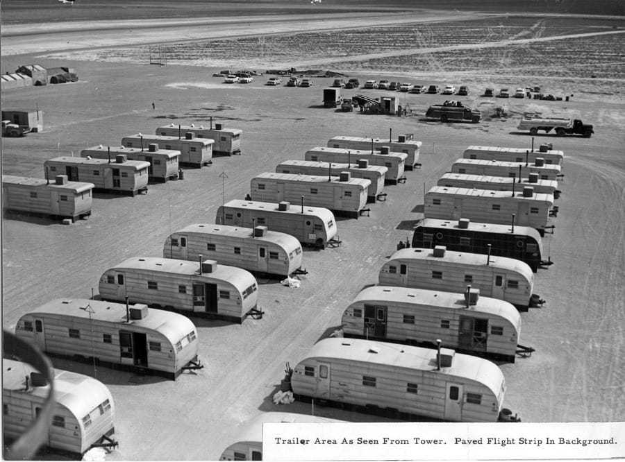 Several trailers parked lots in a trailer area in Area 51.